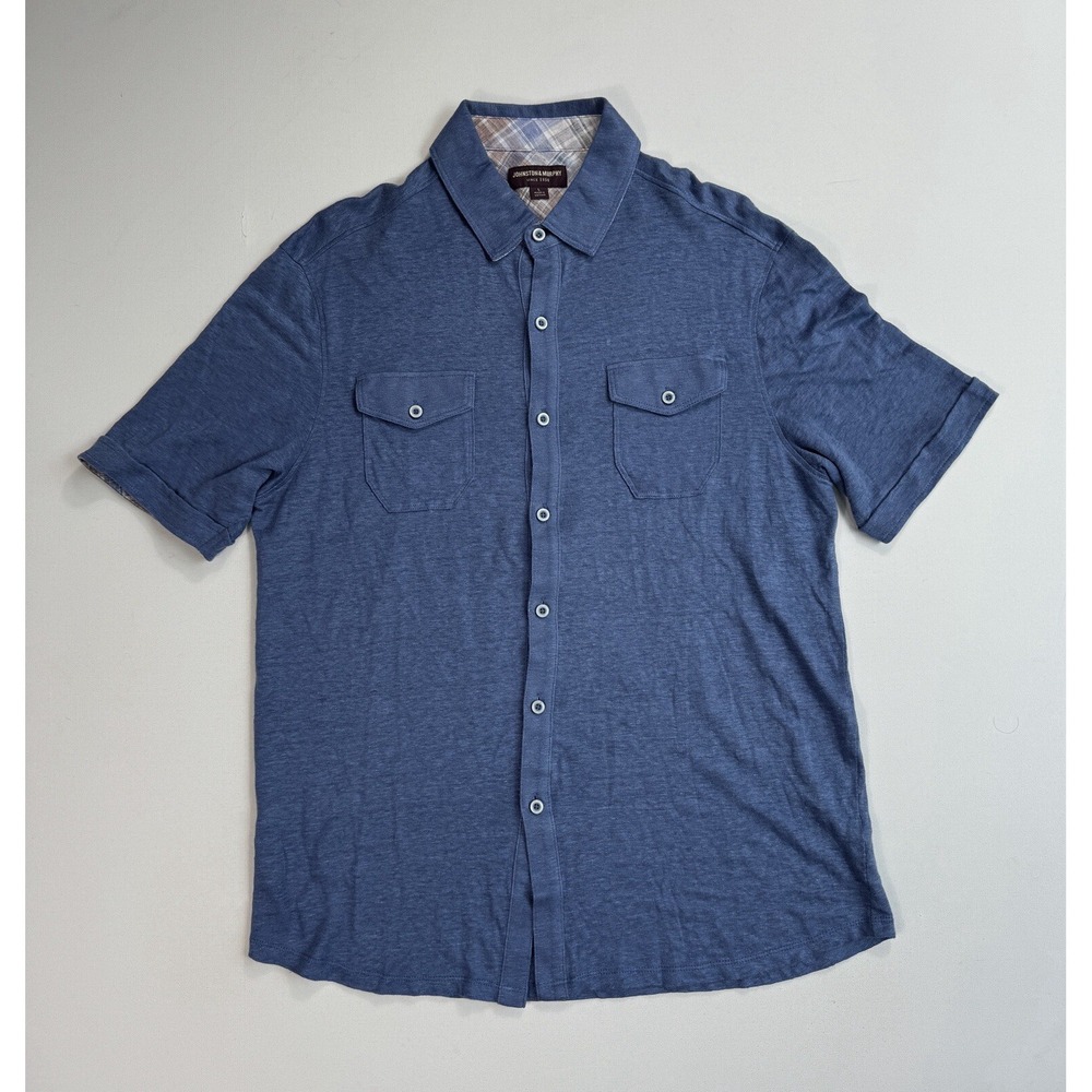 Johnston & Murphy Mens Large Blue 100% Linen Button Down Shirt Pockets Beach L
